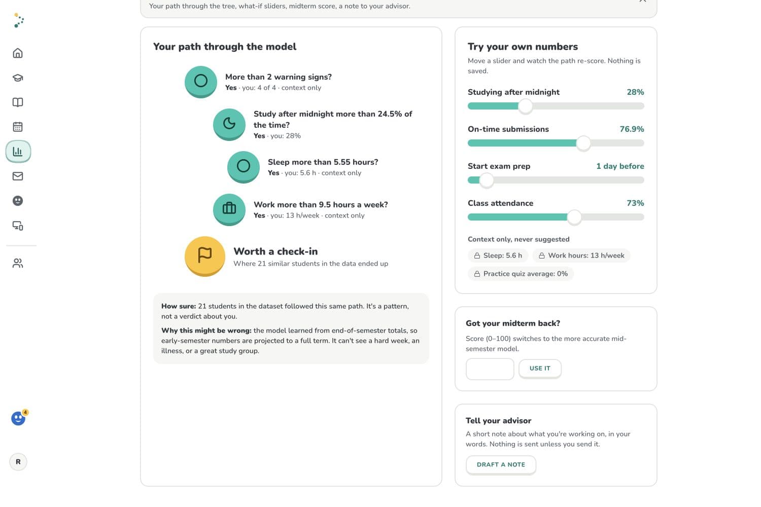 Pathway Insights showing the decision-tree path and what-if controls for the sample BIO 181 course