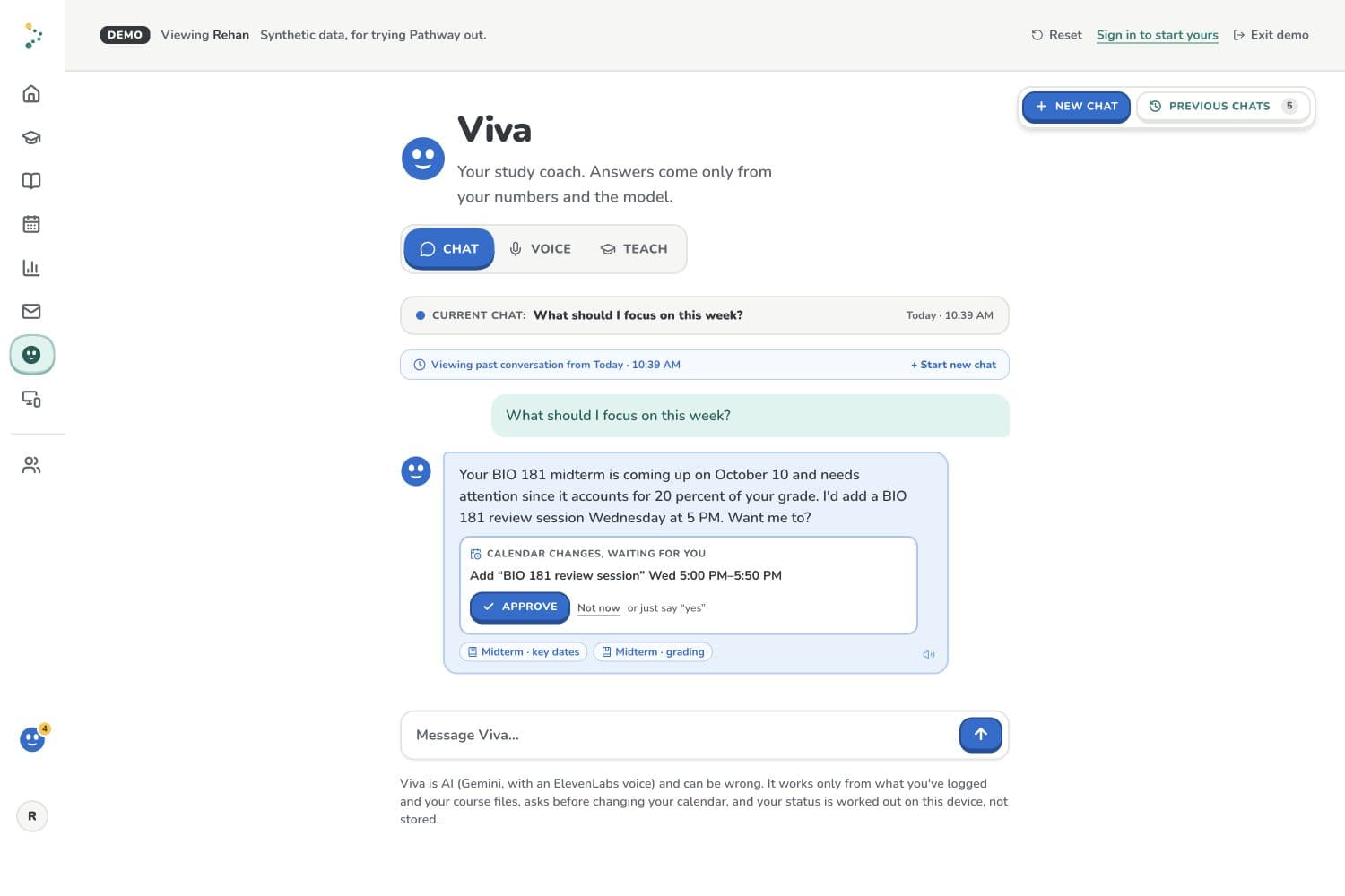 Viva proposing a Wednesday 5 PM BIO 181 review session and waiting for the student's approval