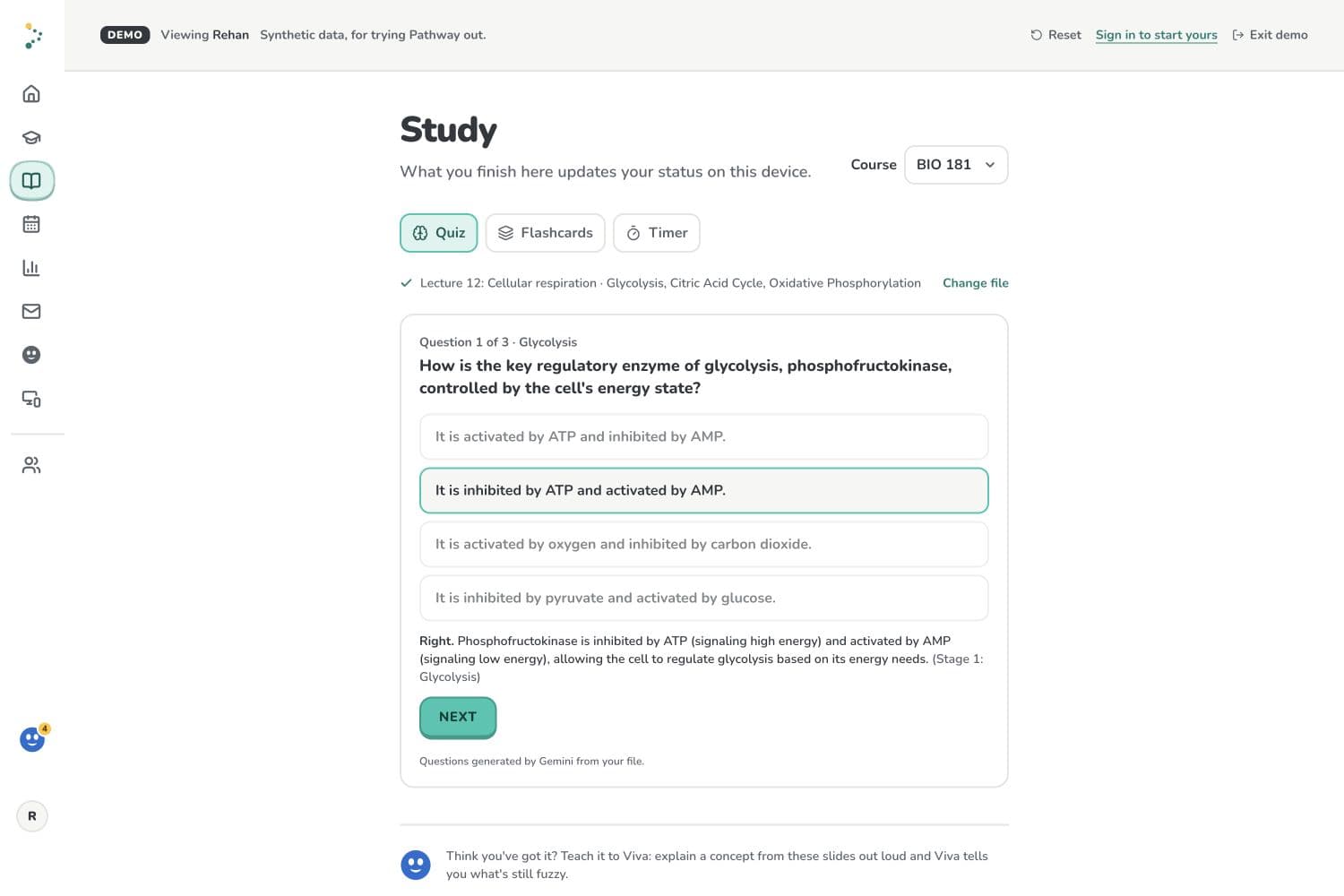 A BIO 181 practice question with answer feedback tied to Lecture 12